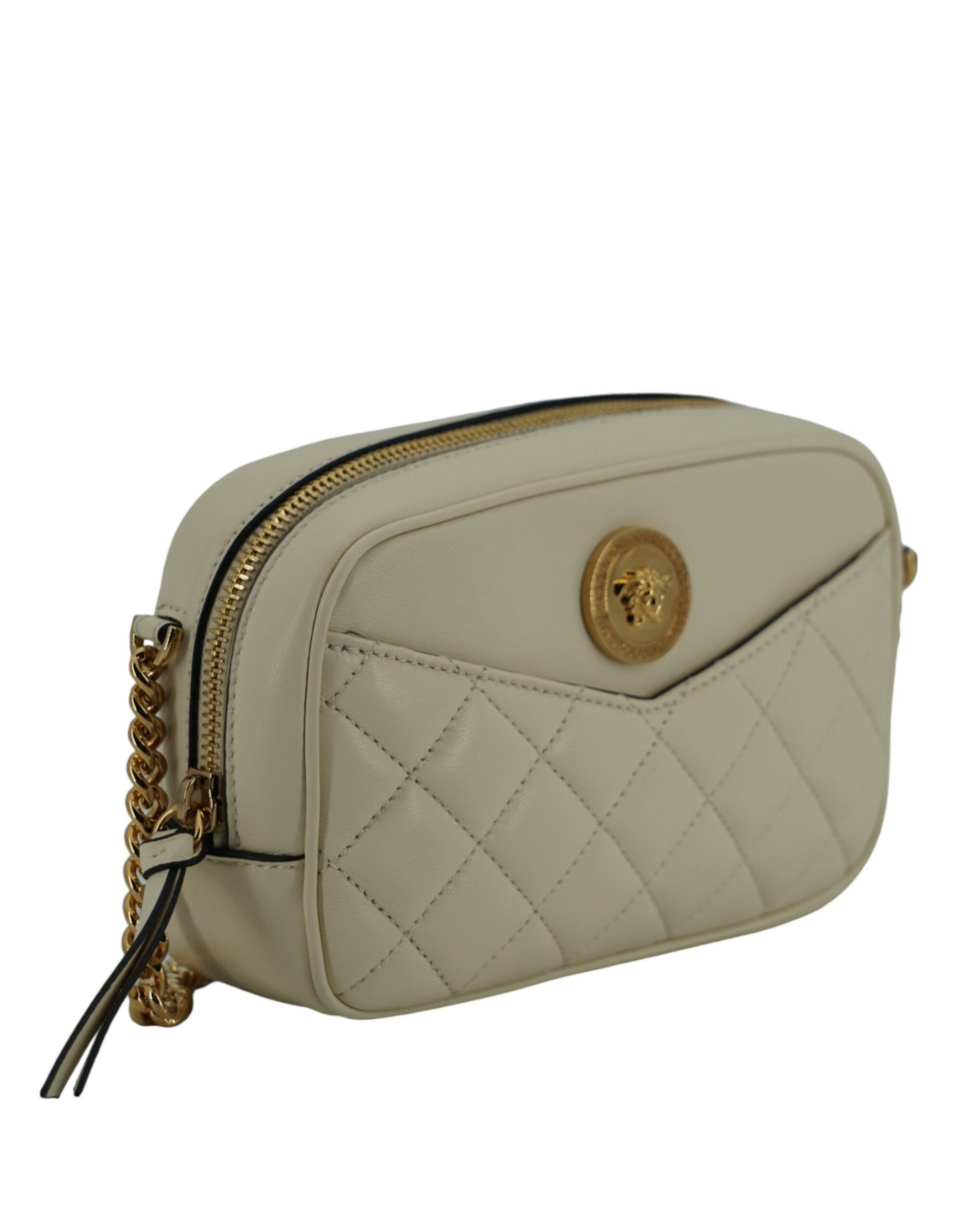 Elegante bolso para cámara de piel de cordero blanca