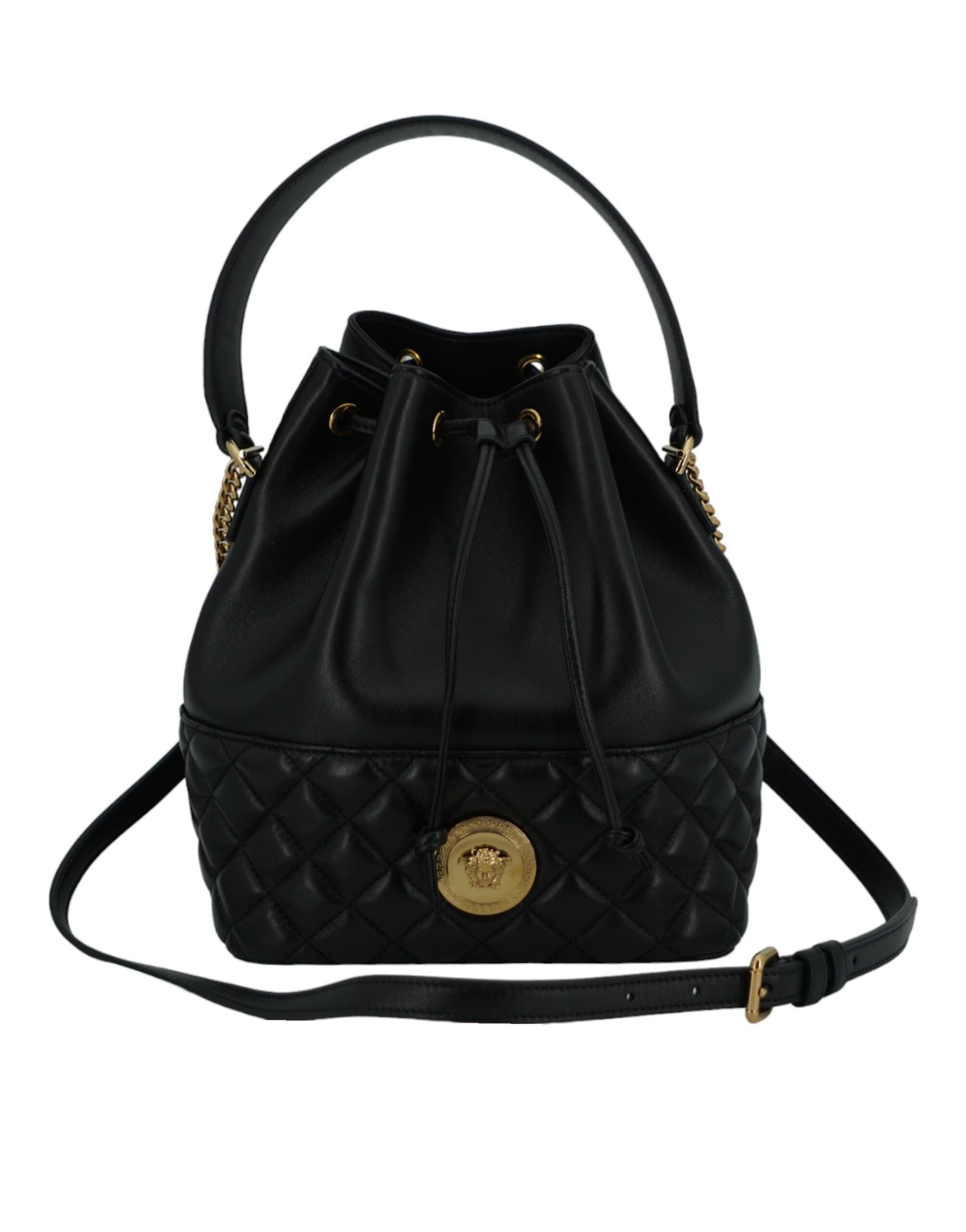 Elegante bolso de hombro tipo cubo Medusa de cuero negro
