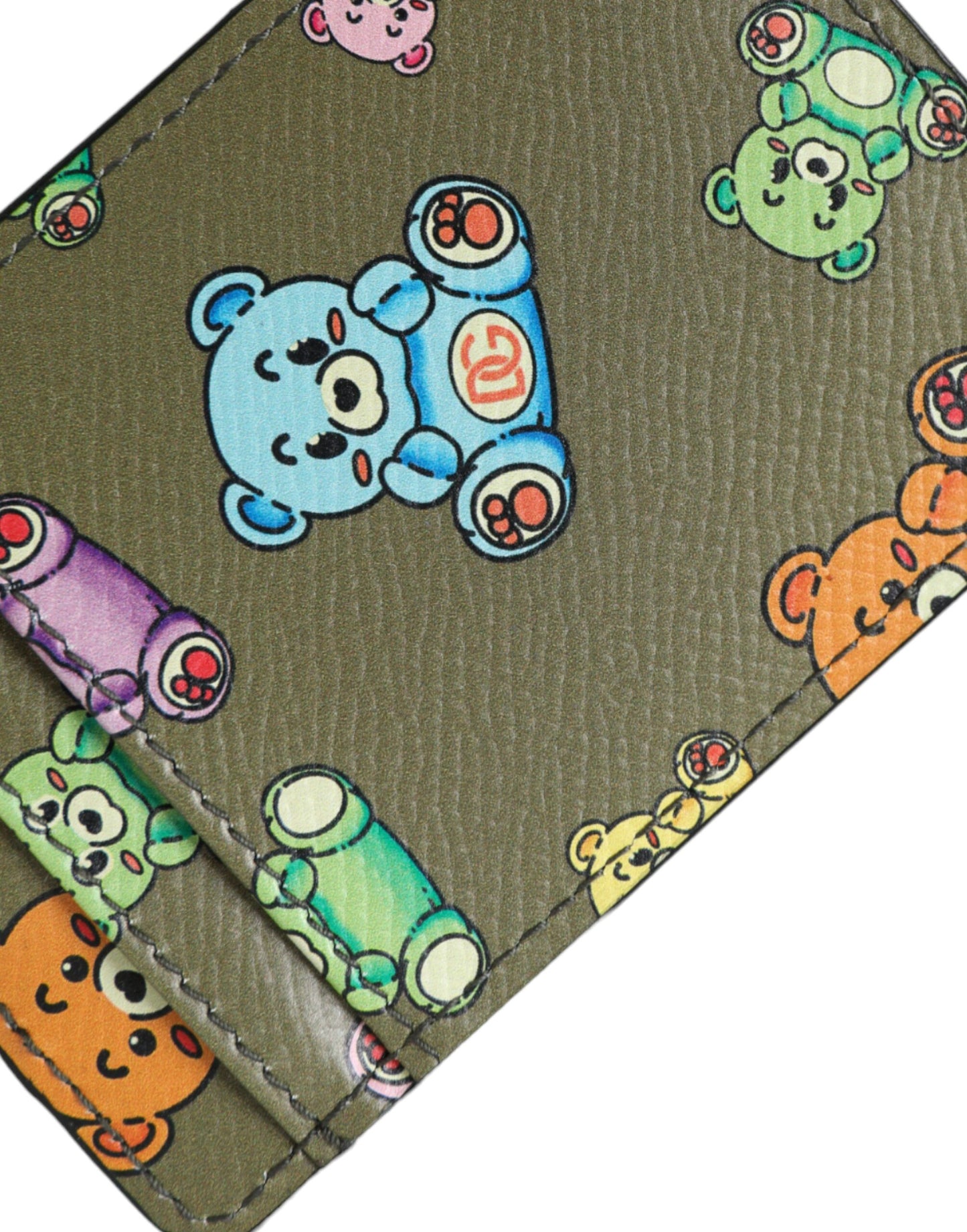 Portefeuille porte-cartes en cuir vert armée pour femme, motif ours en peluche