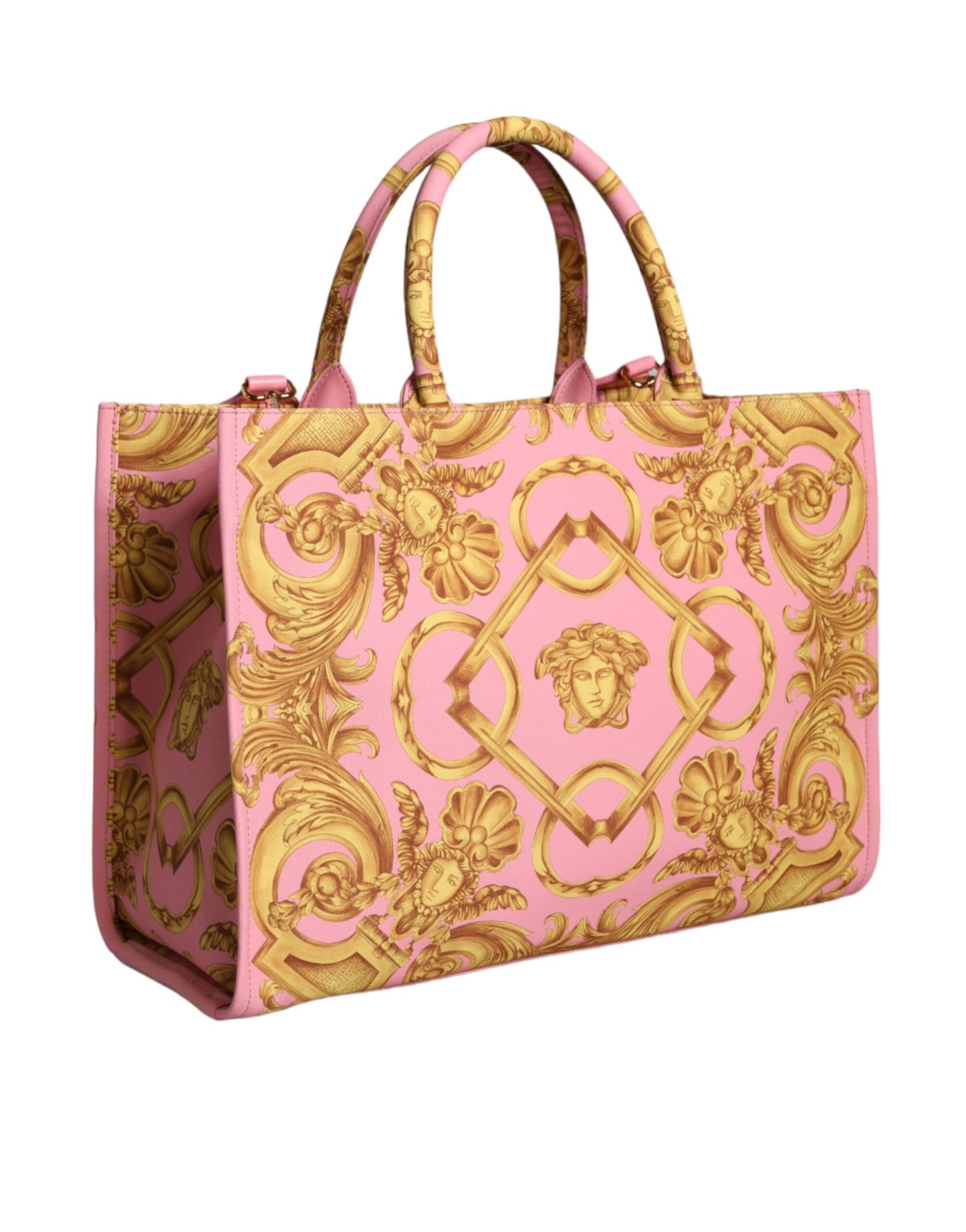 Bolsa de compras grande de tela y cuero con estampado rosa