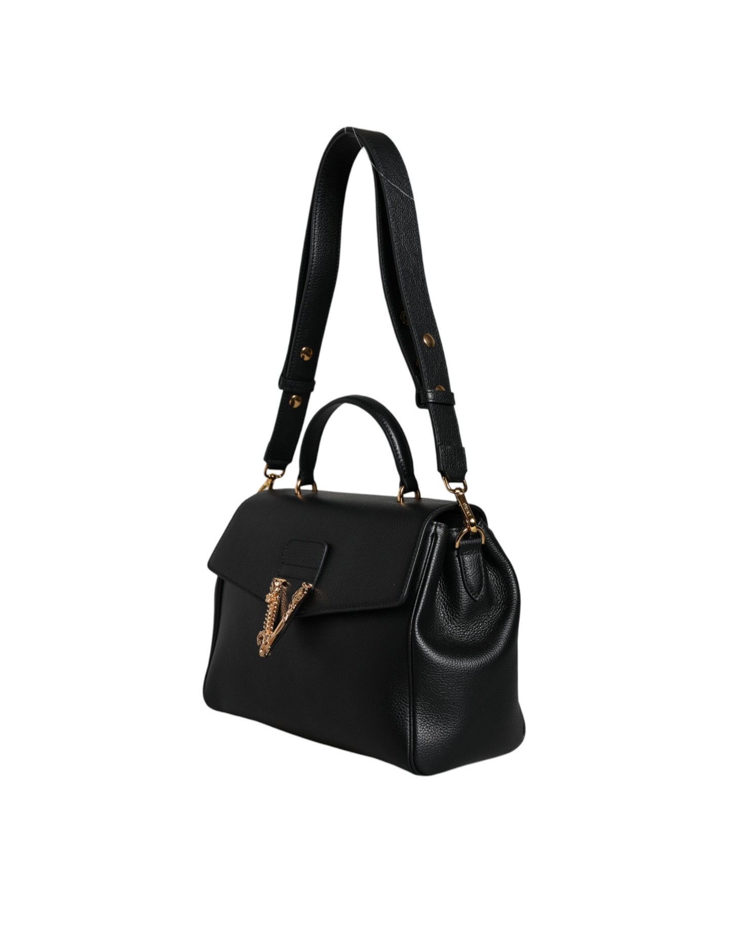 Sac bandoulière en cuir de veau grainé noir avec poignée supérieure