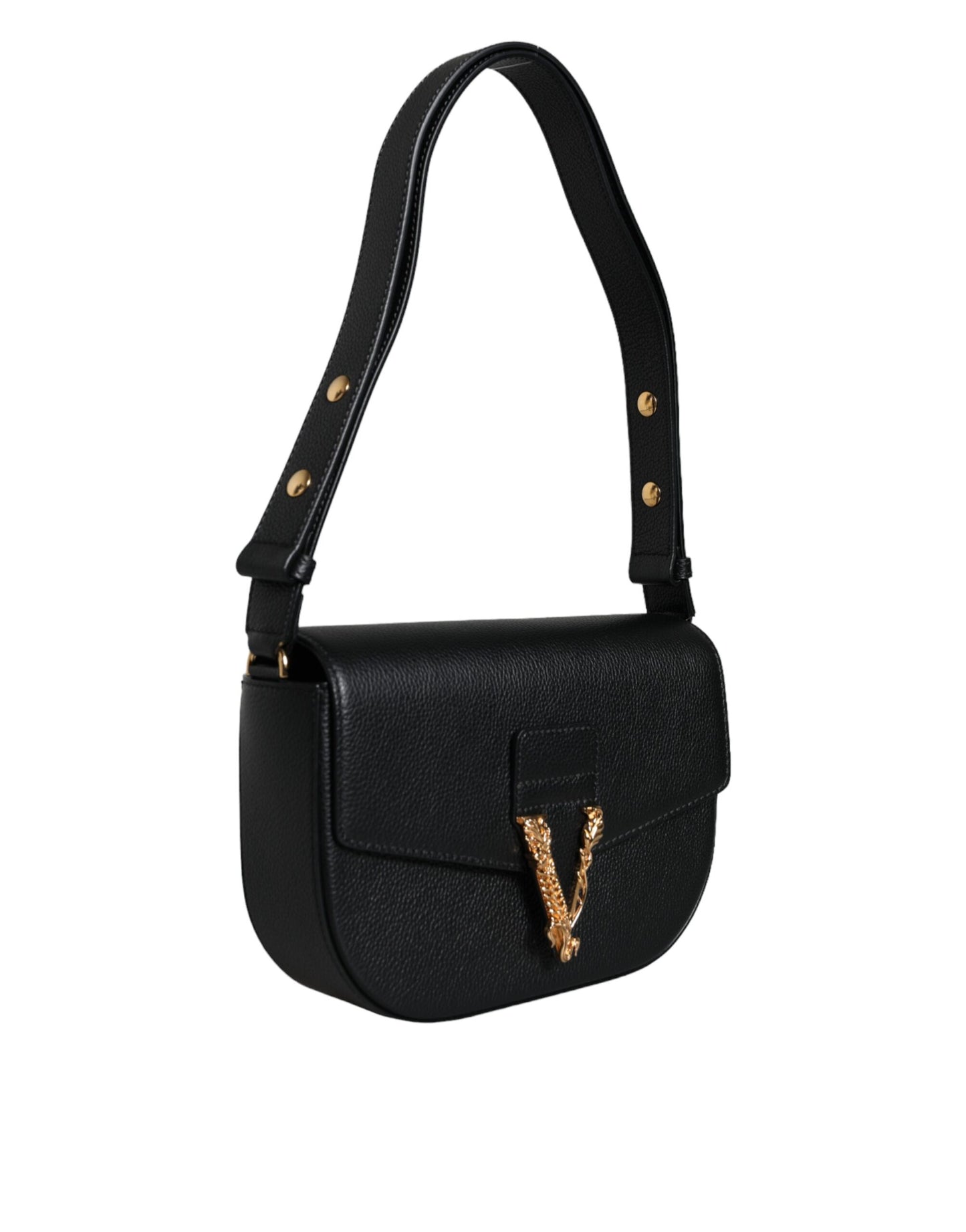 Bolso bandolera de piel de becerro granulada negra con logotipo