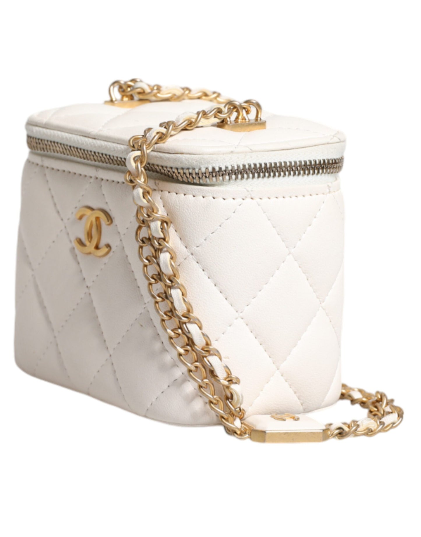White Matelassé Lambskin Gold Chain Shoulder Bag