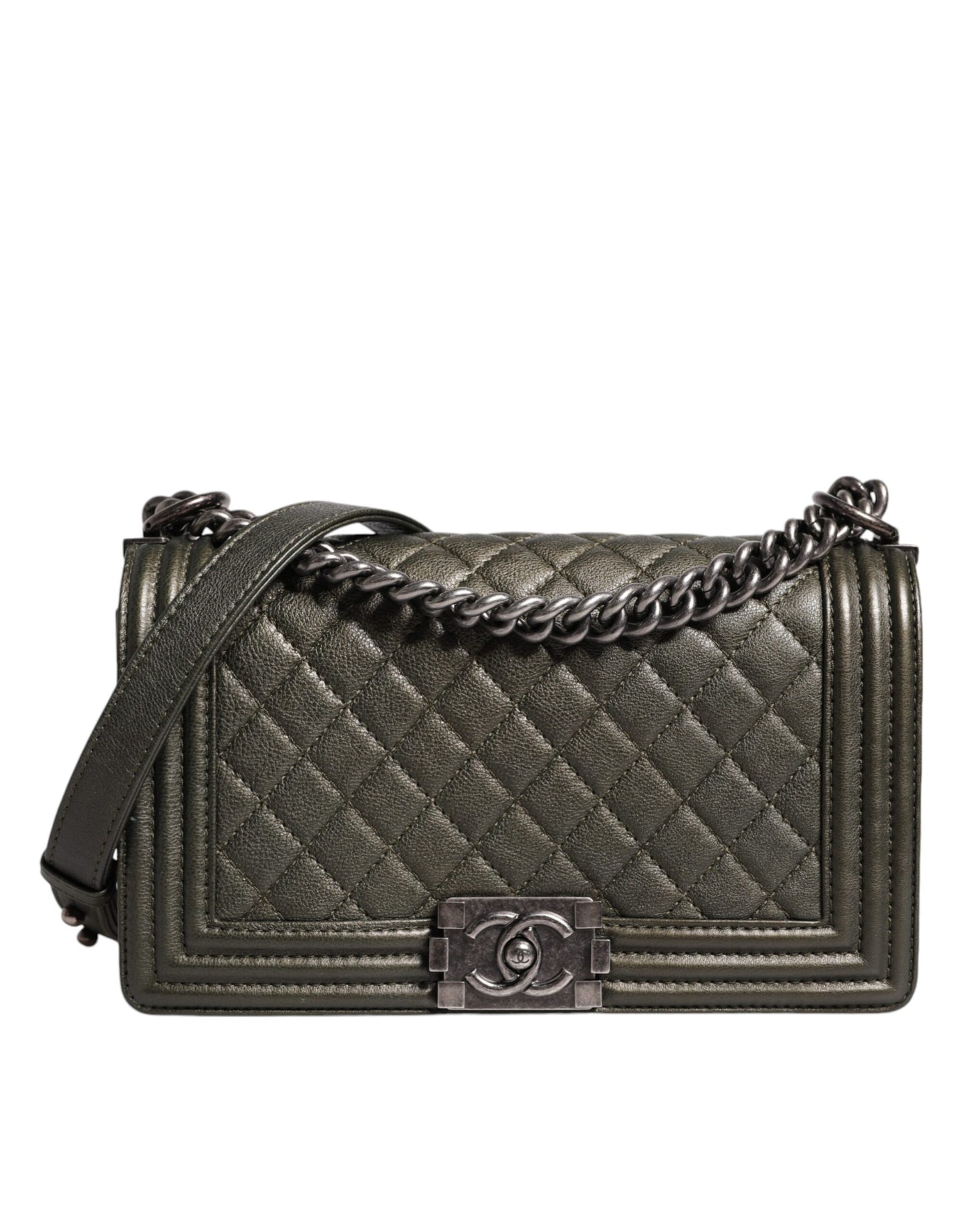 Sac à bandoulière en cuir vert foncé et sac à main en métal gris