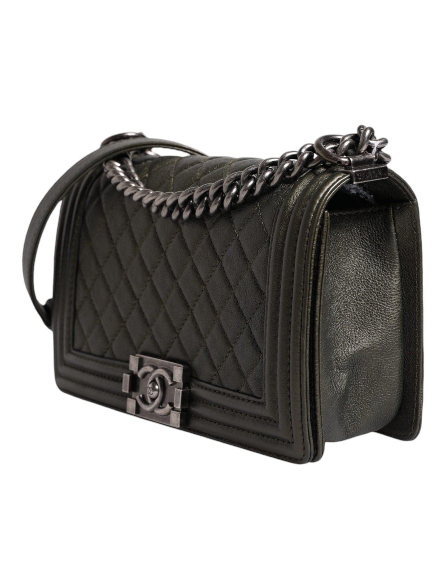 Sac à bandoulière en cuir vert foncé et sac à main en métal gris