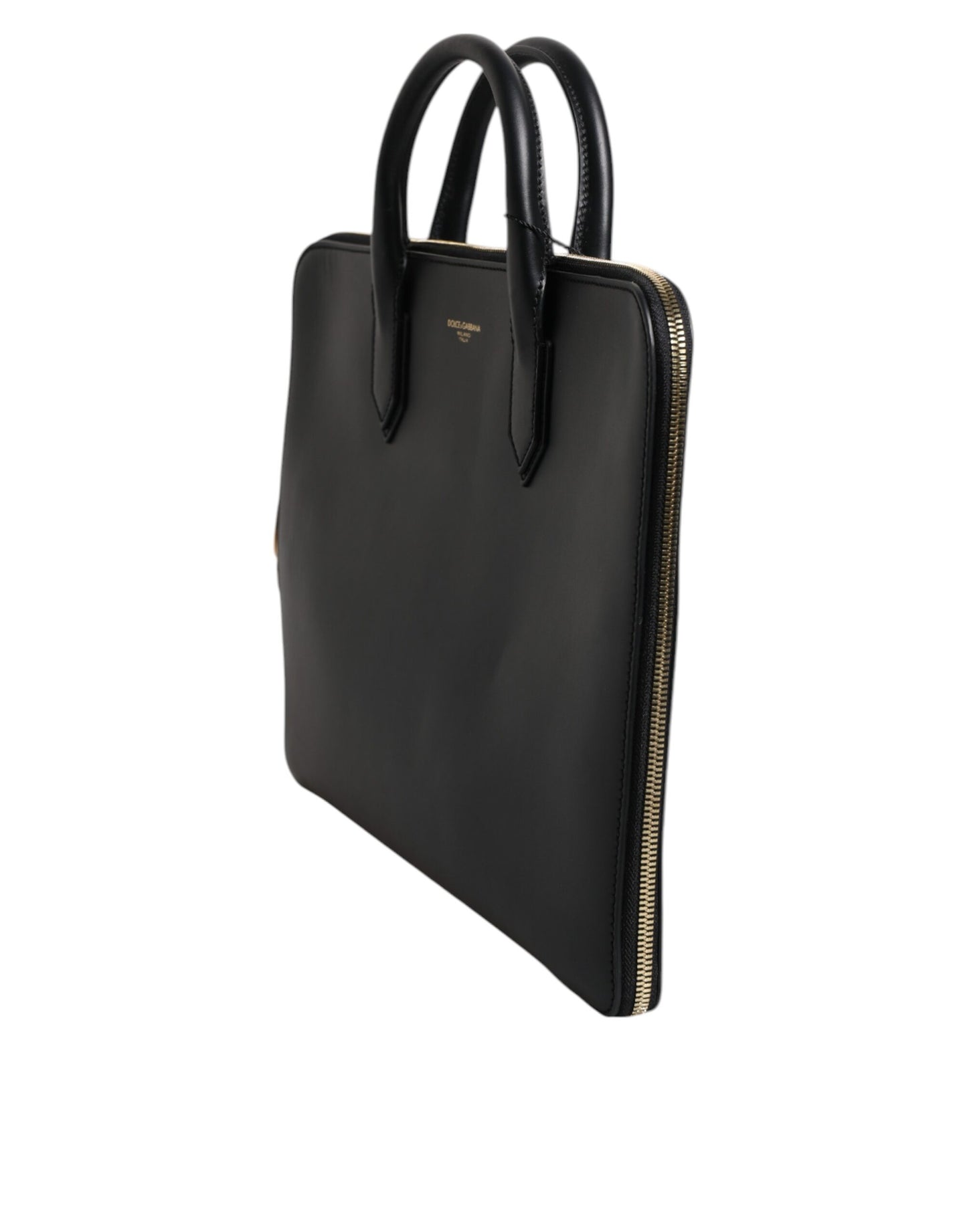 Bolso maletín Monreale de piel de becerro negra con logotipo estampado al calor