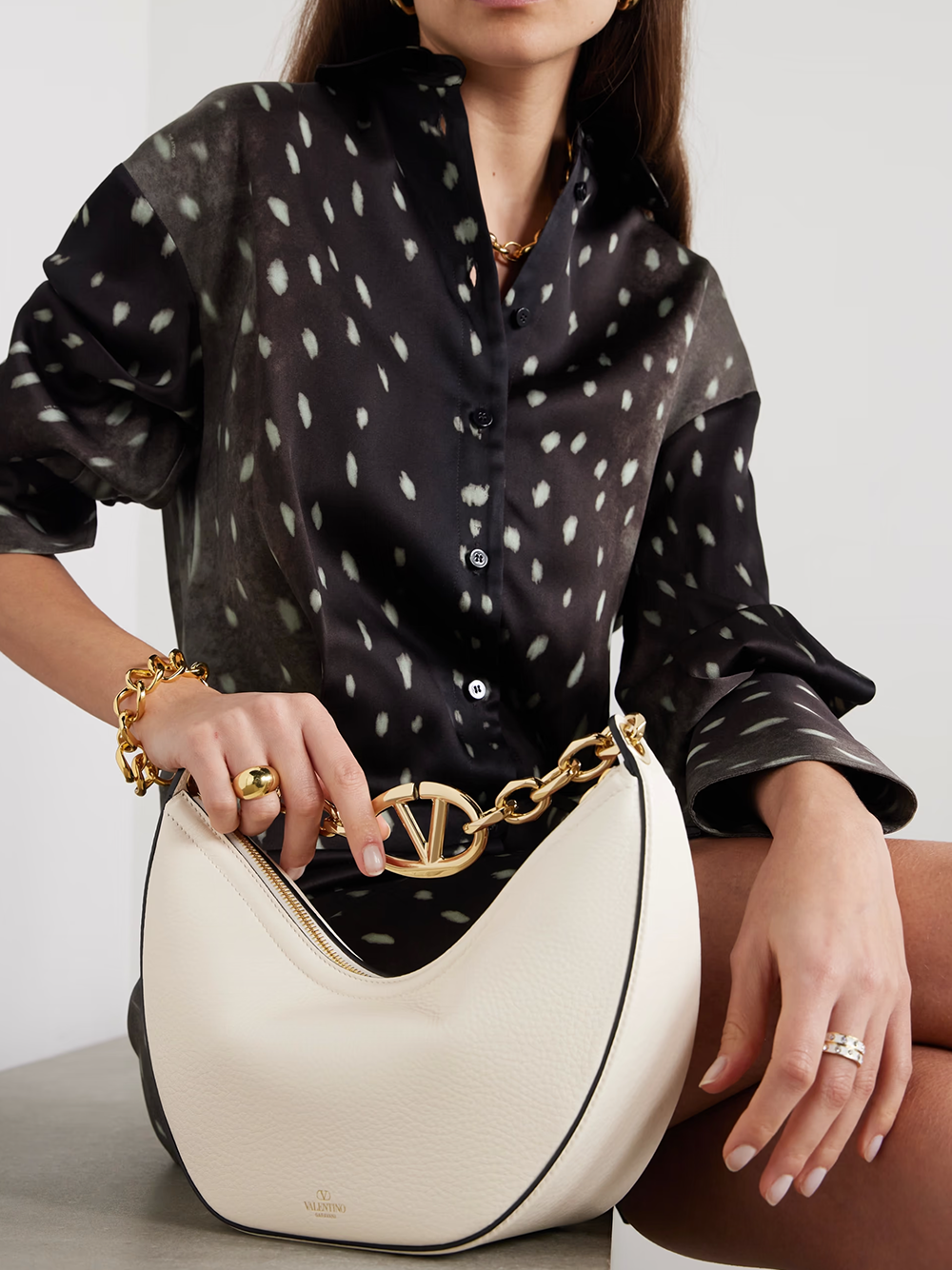 Small Vlogo Moon Hobo Bag in Grainy Calfskin with Chain