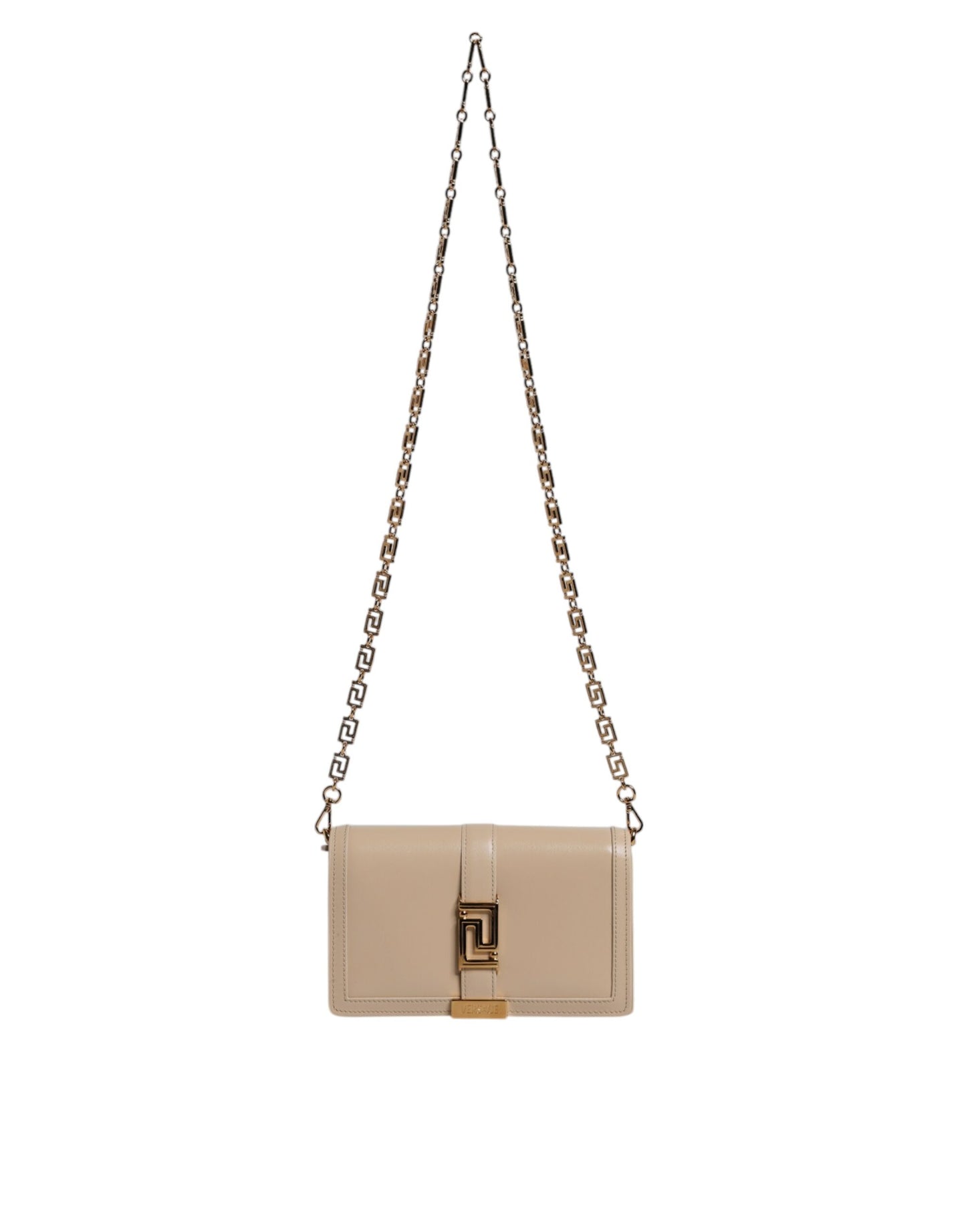 Bolso bandolera tipo cartera de piel de becerro con cadena dorada en beige