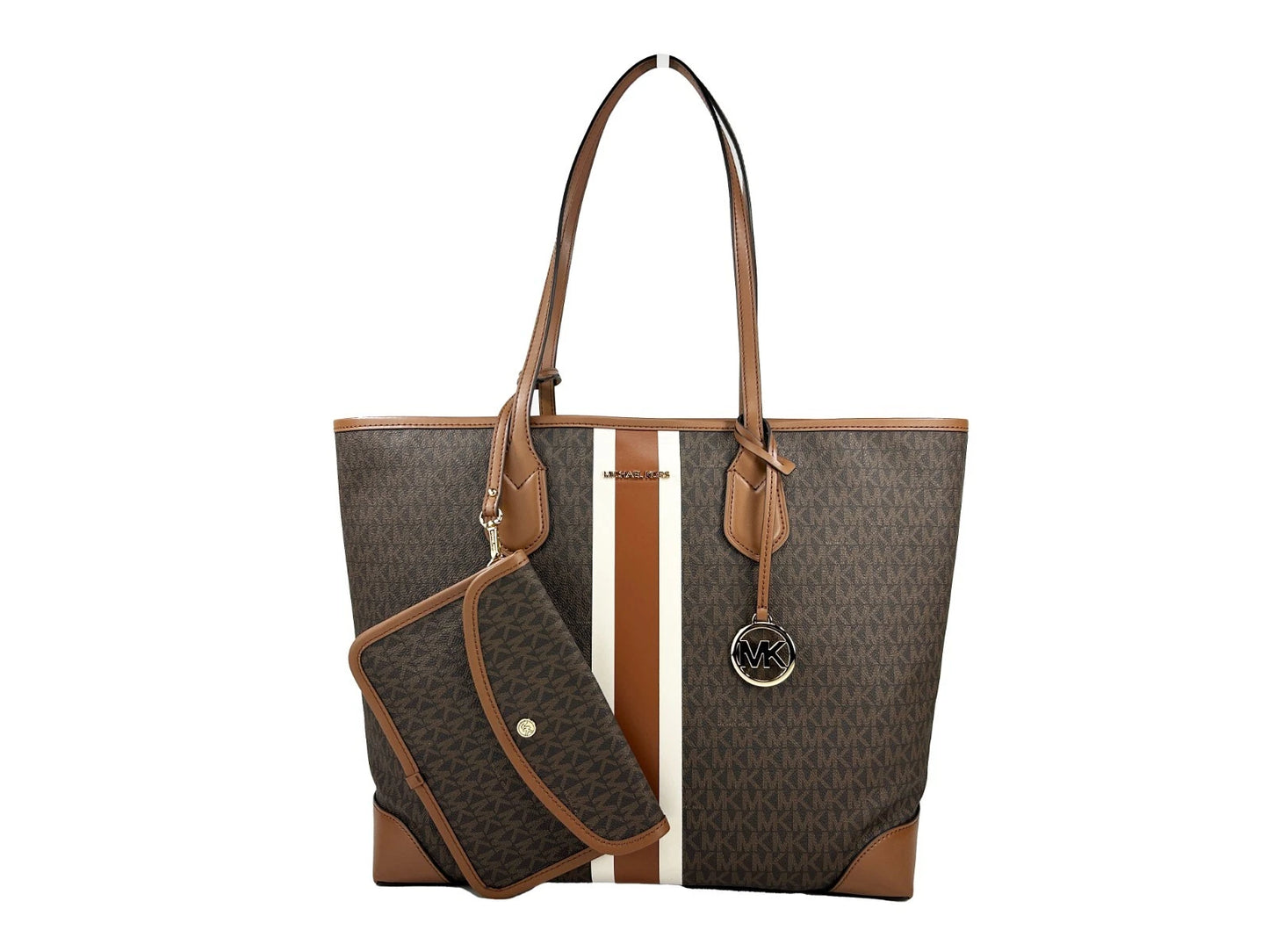 Grand sac fourre-tout de voyage à rayures Eva avec pochette marron