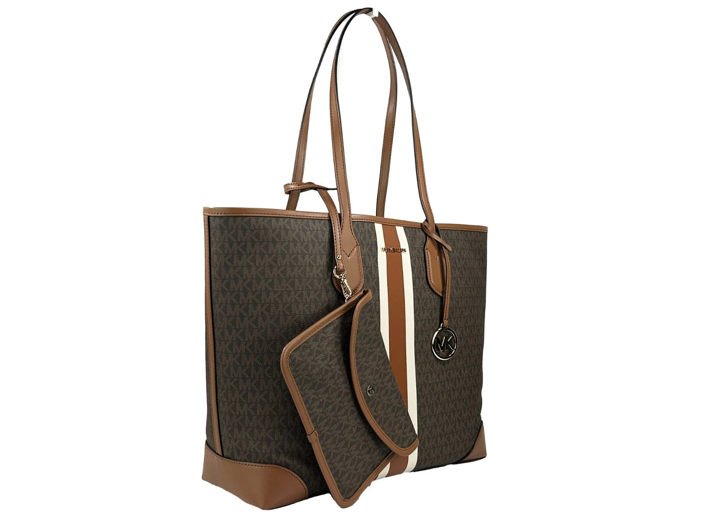 Grand sac fourre-tout de voyage à rayures Eva avec pochette marron