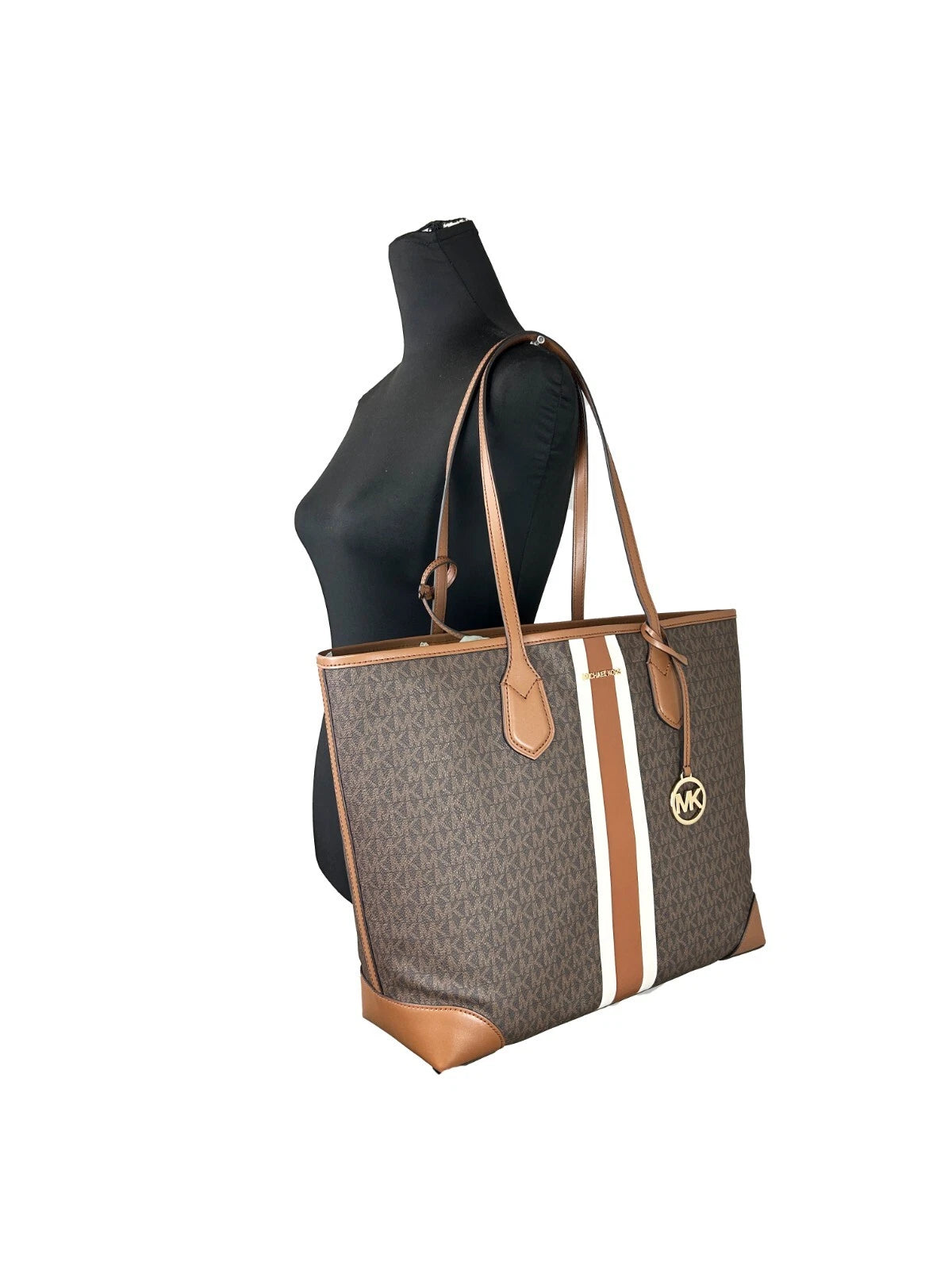 Grand sac fourre-tout de voyage à rayures Eva avec pochette marron