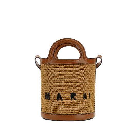 Tropicalia Small Bucket Bag in Brown Leather and Raffia-Effect Fabric
