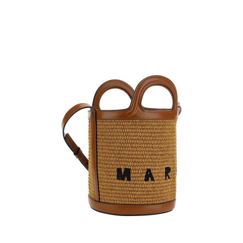 Tropicalia Small Bucket Bag in Brown Leather and Raffia-Effect Fabric