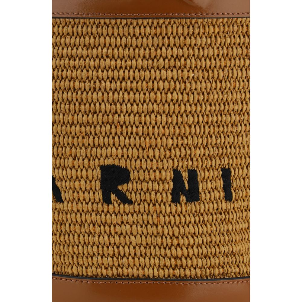 Tropicalia Small Bucket Bag in Brown Leather and Raffia-Effect Fabric