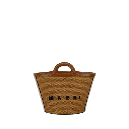 Tropicalia Small Bag in Brown Leather and Raffia-Effect Fabric