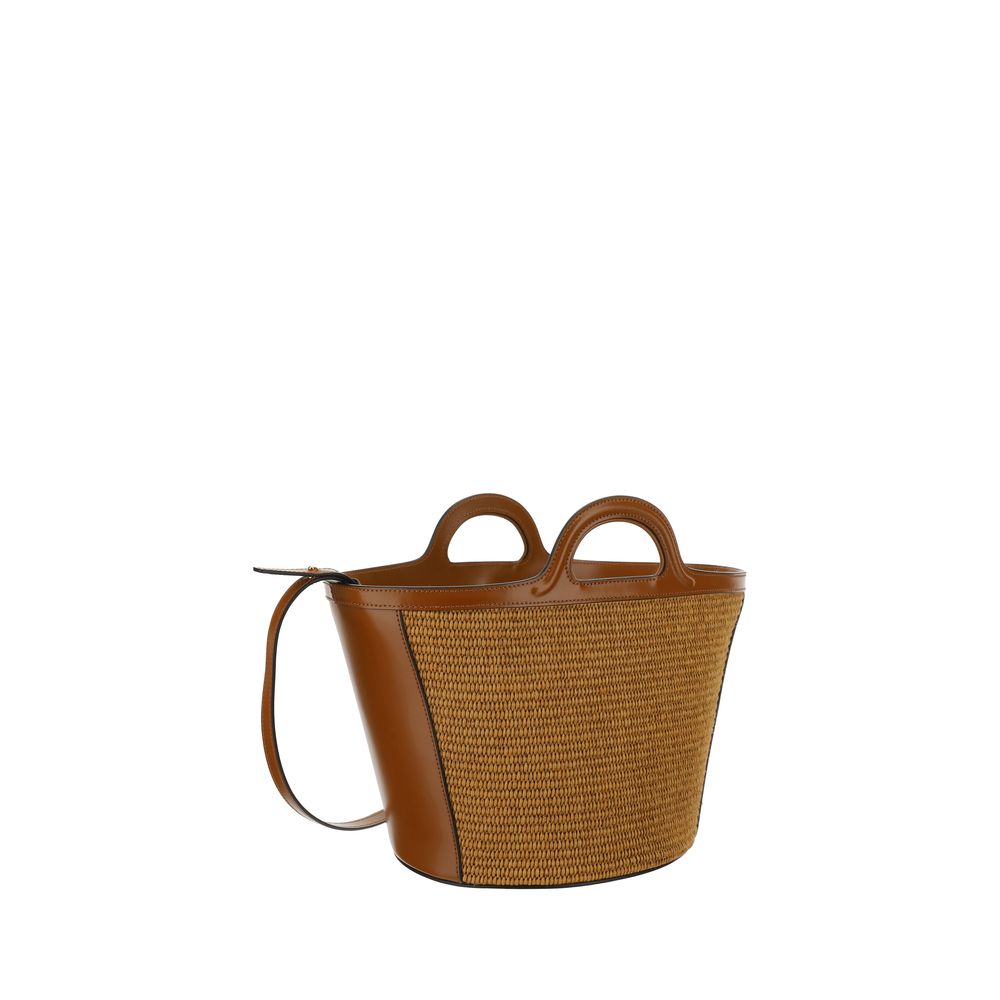 Tropicalia Small Bag in Brown Leather and Raffia-Effect Fabric