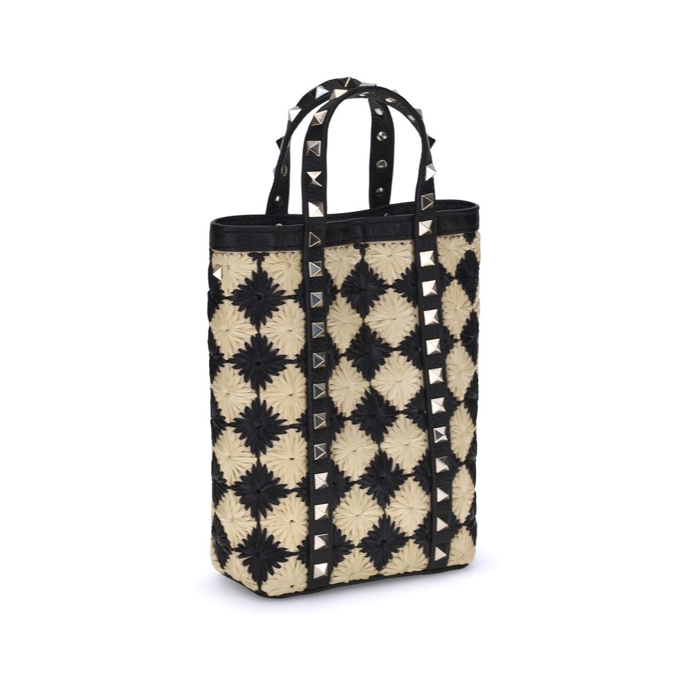 Mini Rockstud Embroidered Shopping Bag in Raffia