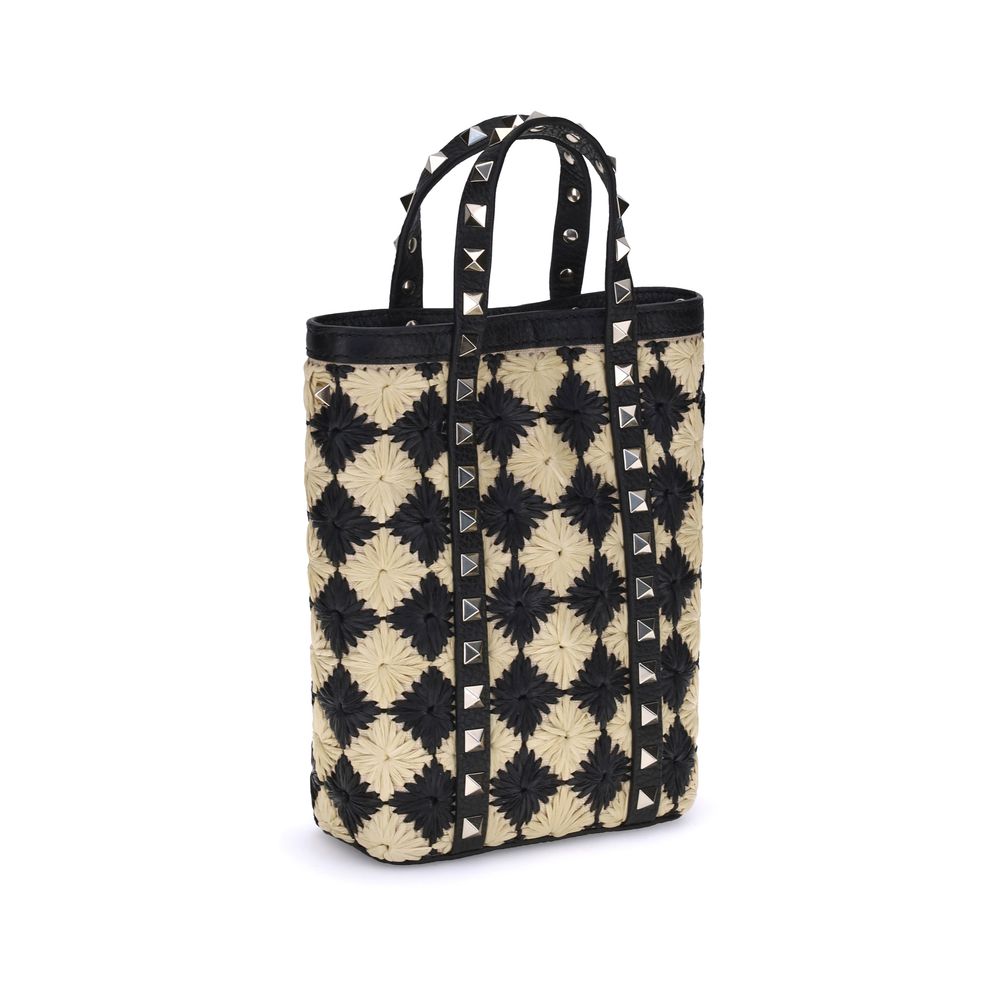 Mini Rockstud Embroidered Shopping Bag in Raffia