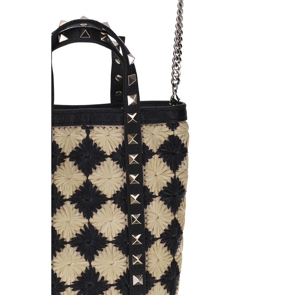 Mini Rockstud Embroidered Shopping Bag in Raffia