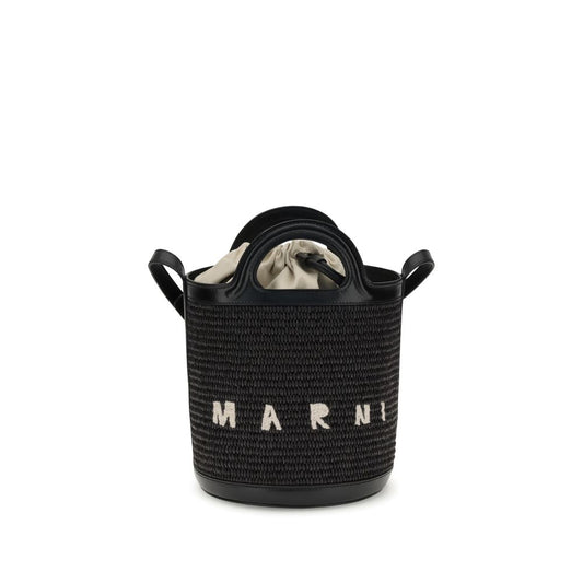 Tropicalia Small Bucket Bag in Black Leather and Raffia-Effect Fabric