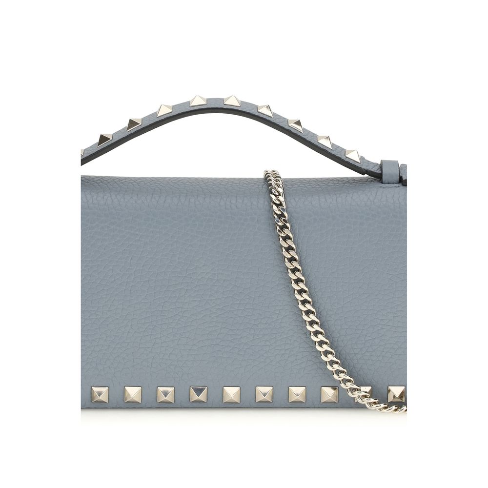 Rockstud Wallet with Chain in Grainy Calfskin