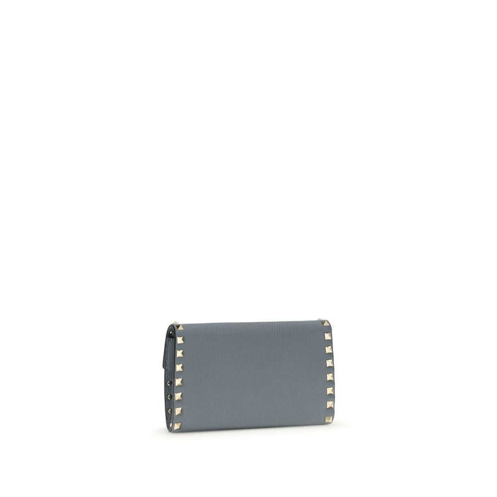 Rockstud Wallet with Chain in Grainy Calfskin