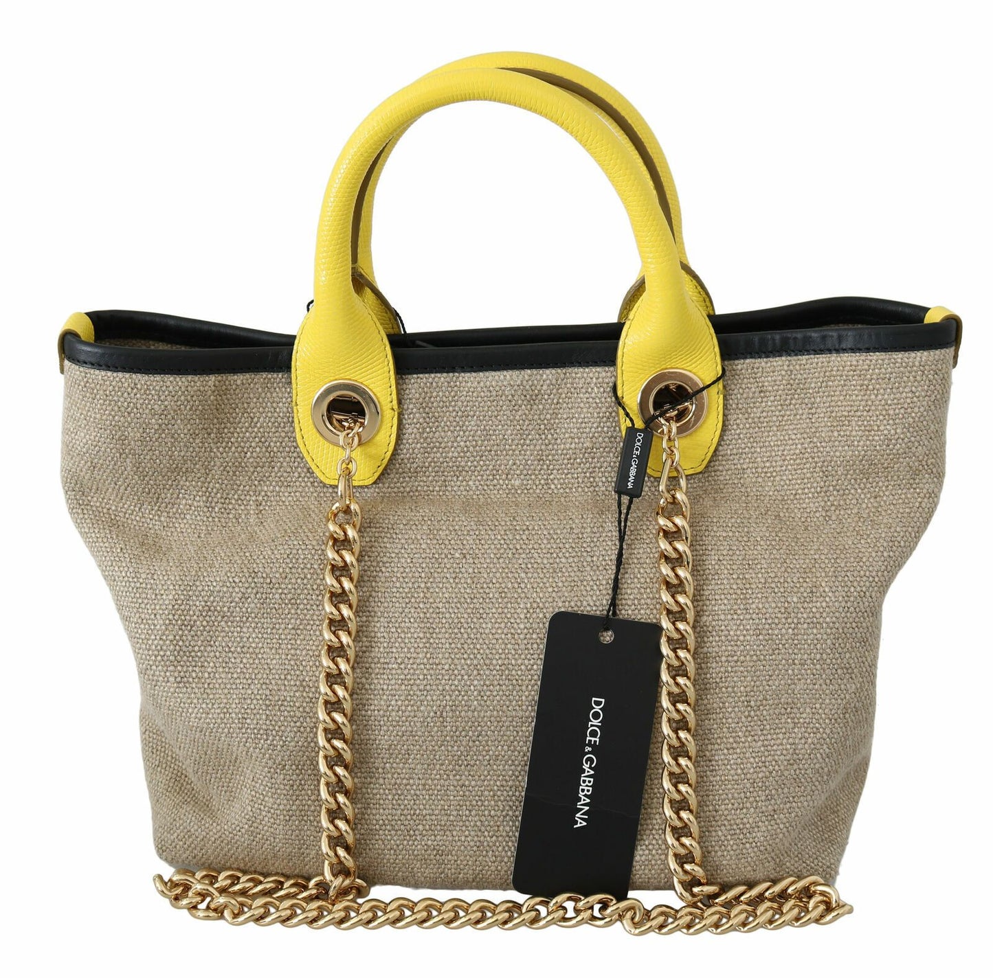 Sac cabas en lin et veau beige avec chaîne dorée