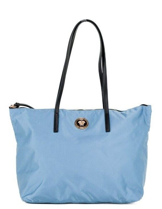 Sac fourre-tout en cuir et nylon bleu bleuet de taille moyenne Portuna Medusa