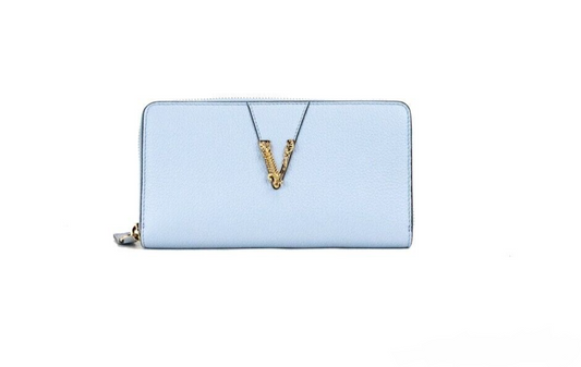 Cartera de mano grande con cremallera y monograma dorado de piel granulada con diseño de aciano