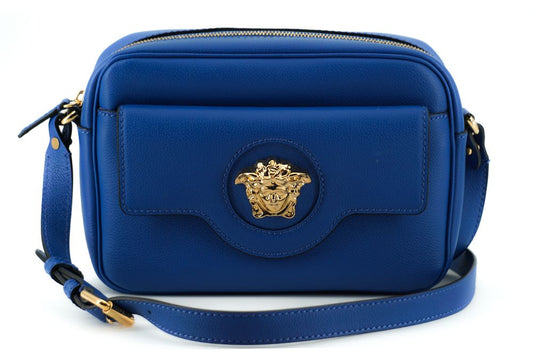 Elegante bolso para cámara de piel de becerro azul