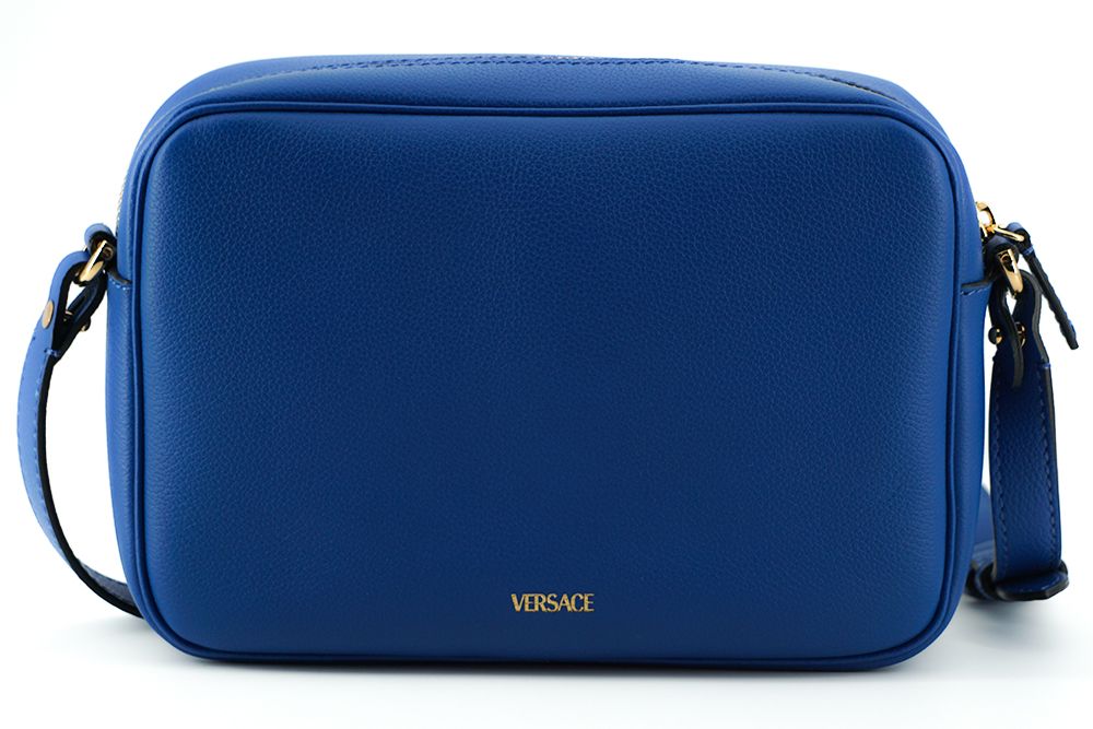 Elegante bolso para cámara de piel de becerro azul