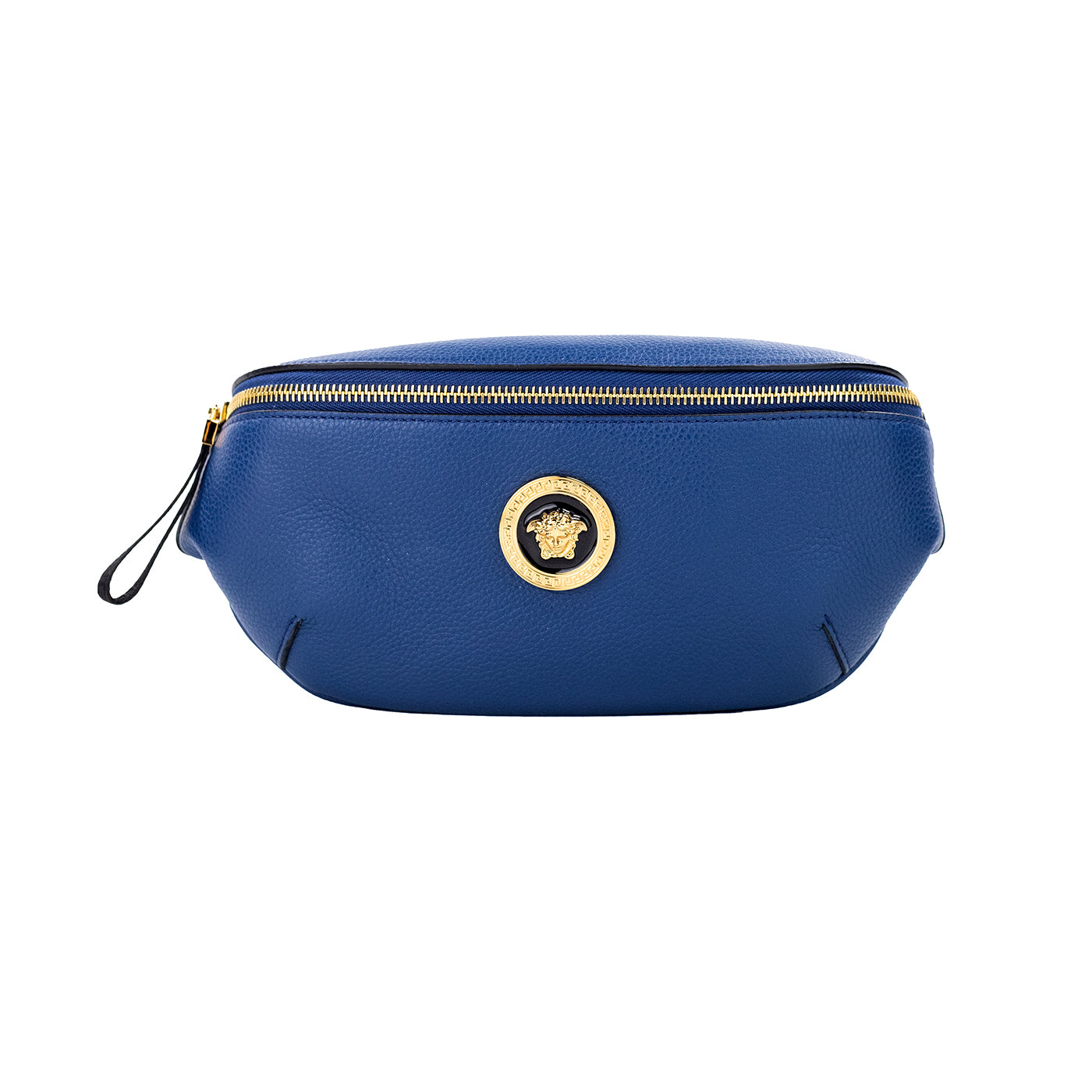 Petit sac banane en cuir de veau bleu marine avec pendentif Medusa