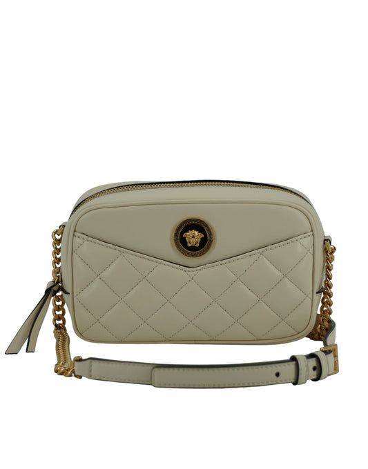 Elegante bolso para cámara de piel de cordero blanca