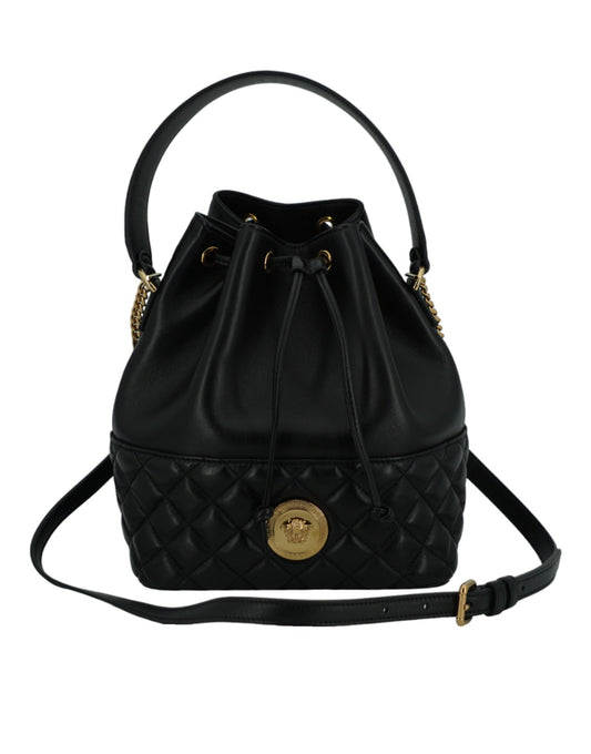 Elegante bolso de hombro tipo cubo Medusa de cuero negro