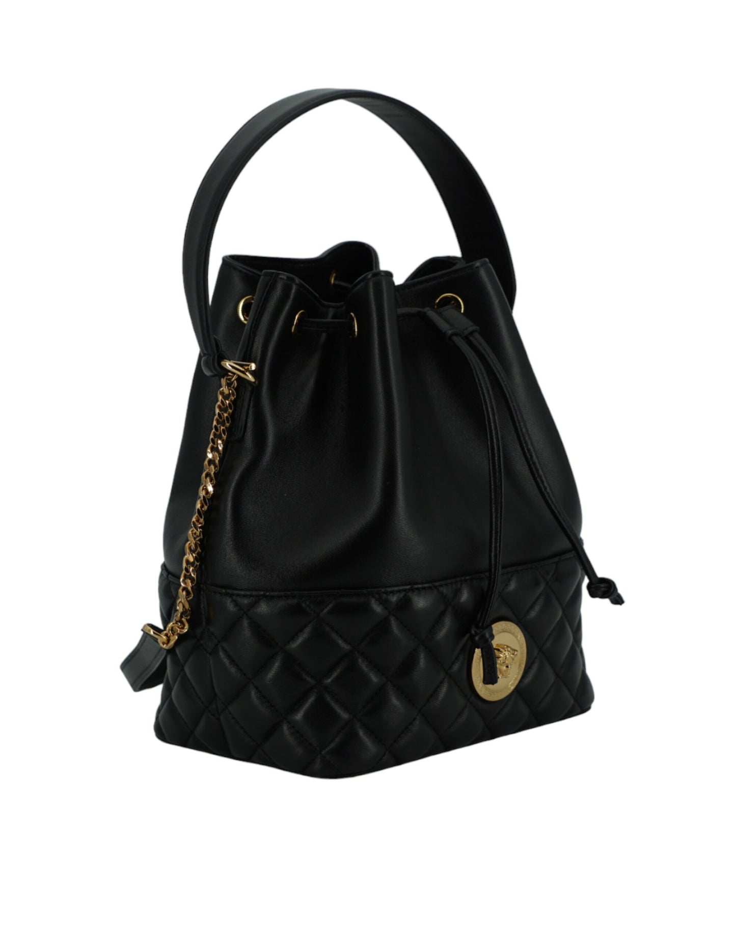 Elegante bolso de hombro tipo cubo Medusa de cuero negro
