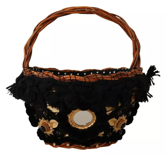 Sac fourre-tout en paille noir et beige avec pompons et cristaux