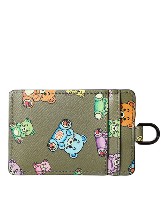 Portefeuille porte-cartes en cuir vert armée pour femme, motif ours en peluche