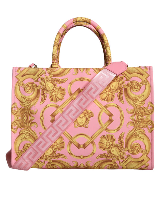 Bolsa de compras grande de tela y cuero con estampado rosa