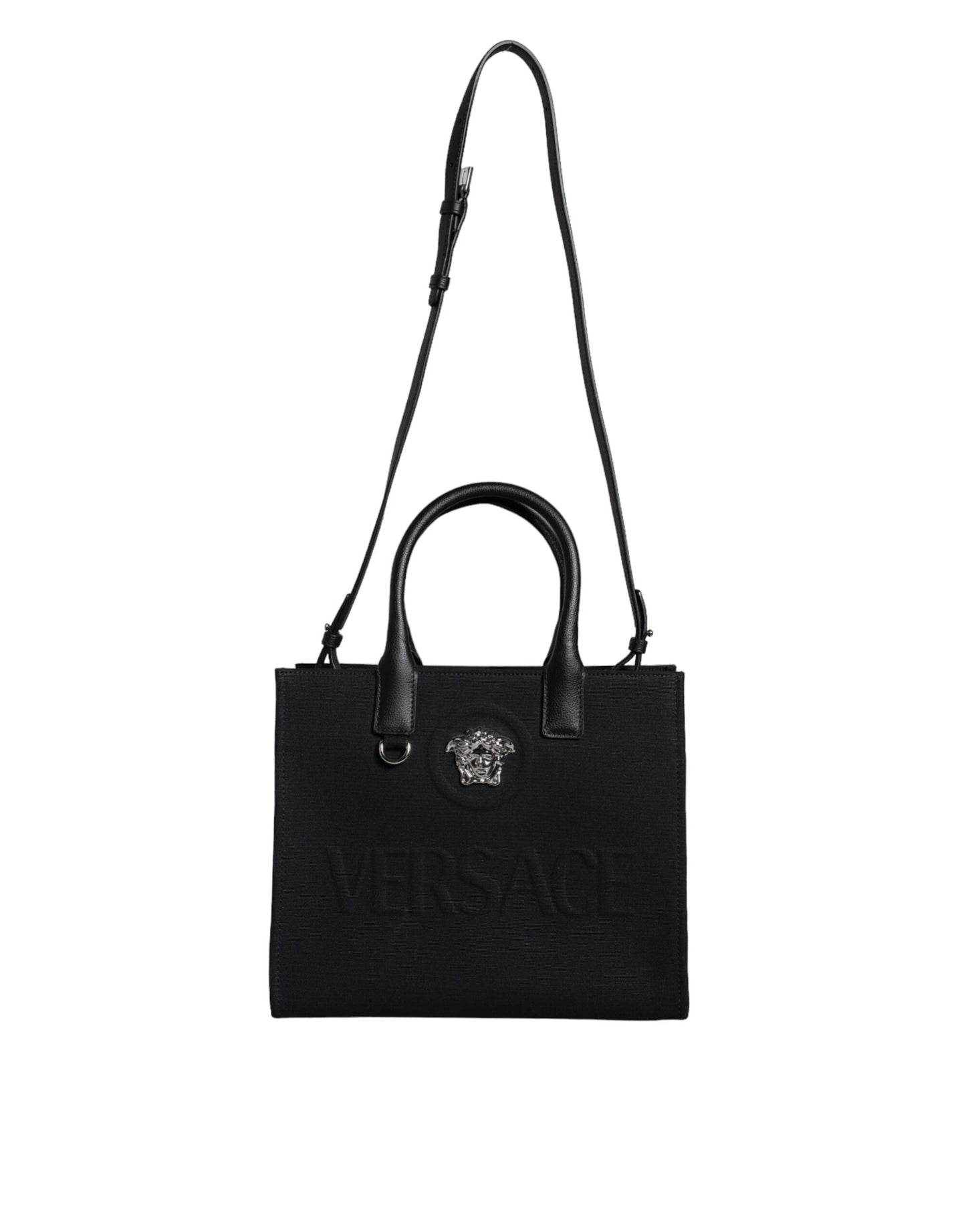 Bolso bandolera de lona negra con asa superior, de cuero y logotipo