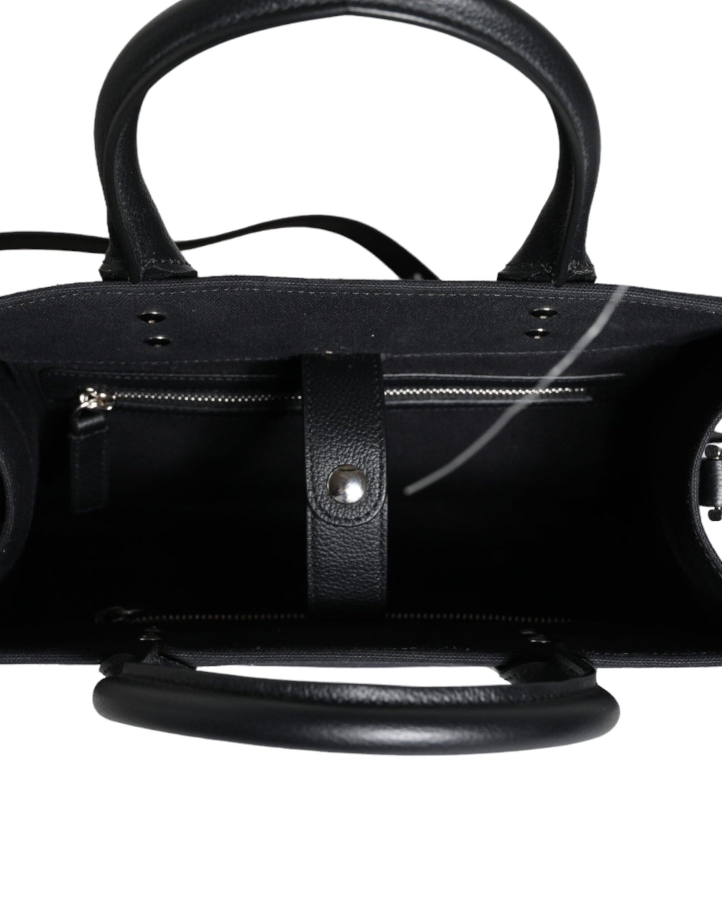 Bolso bandolera de lona negra con asa superior, de cuero y logotipo