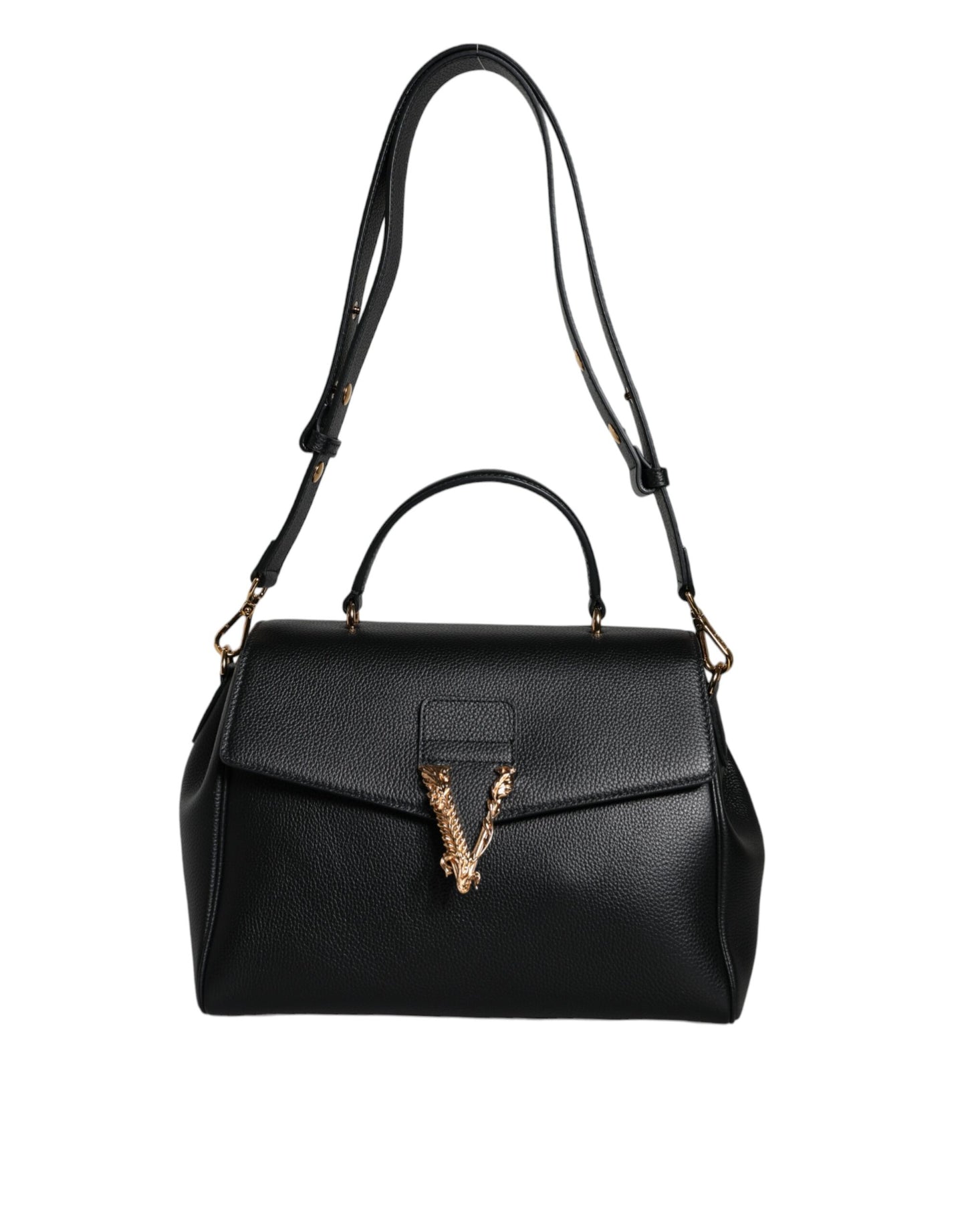 Sac bandoulière en cuir de veau grainé noir avec poignée supérieure