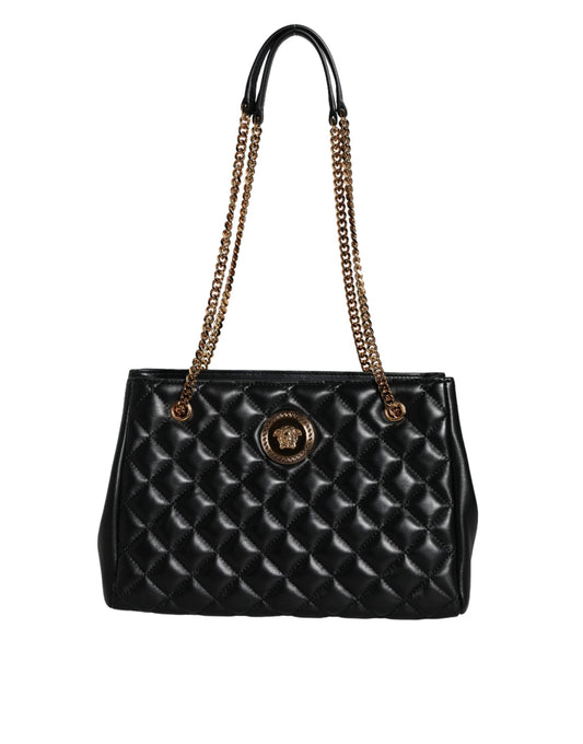 Bolso bandolera de piel de napa acolchada negra con correa de cadena