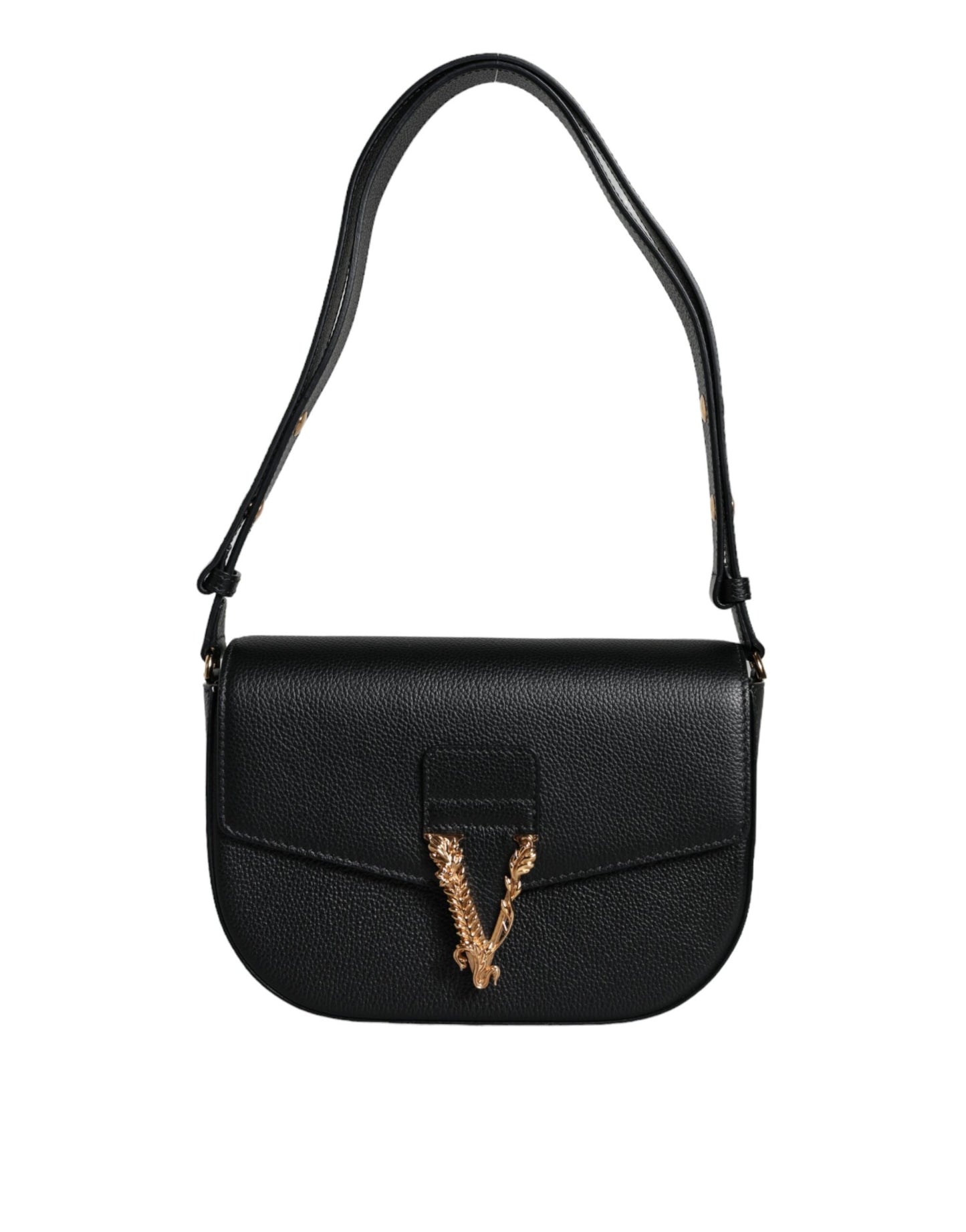 Bolso bandolera de piel de becerro granulada negra con logotipo