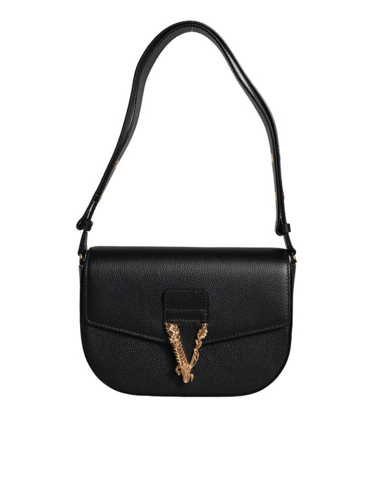 Bolso bandolera de piel de becerro granulada negra con logotipo
