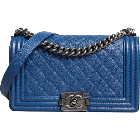 Sac à bandoulière moyen en cuir d'agneau bleu à double chaîne