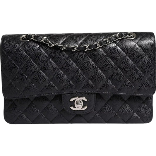 Sac à bandoulière matelassé classique à double rabat Black Caviar de taille moyenne, argenté