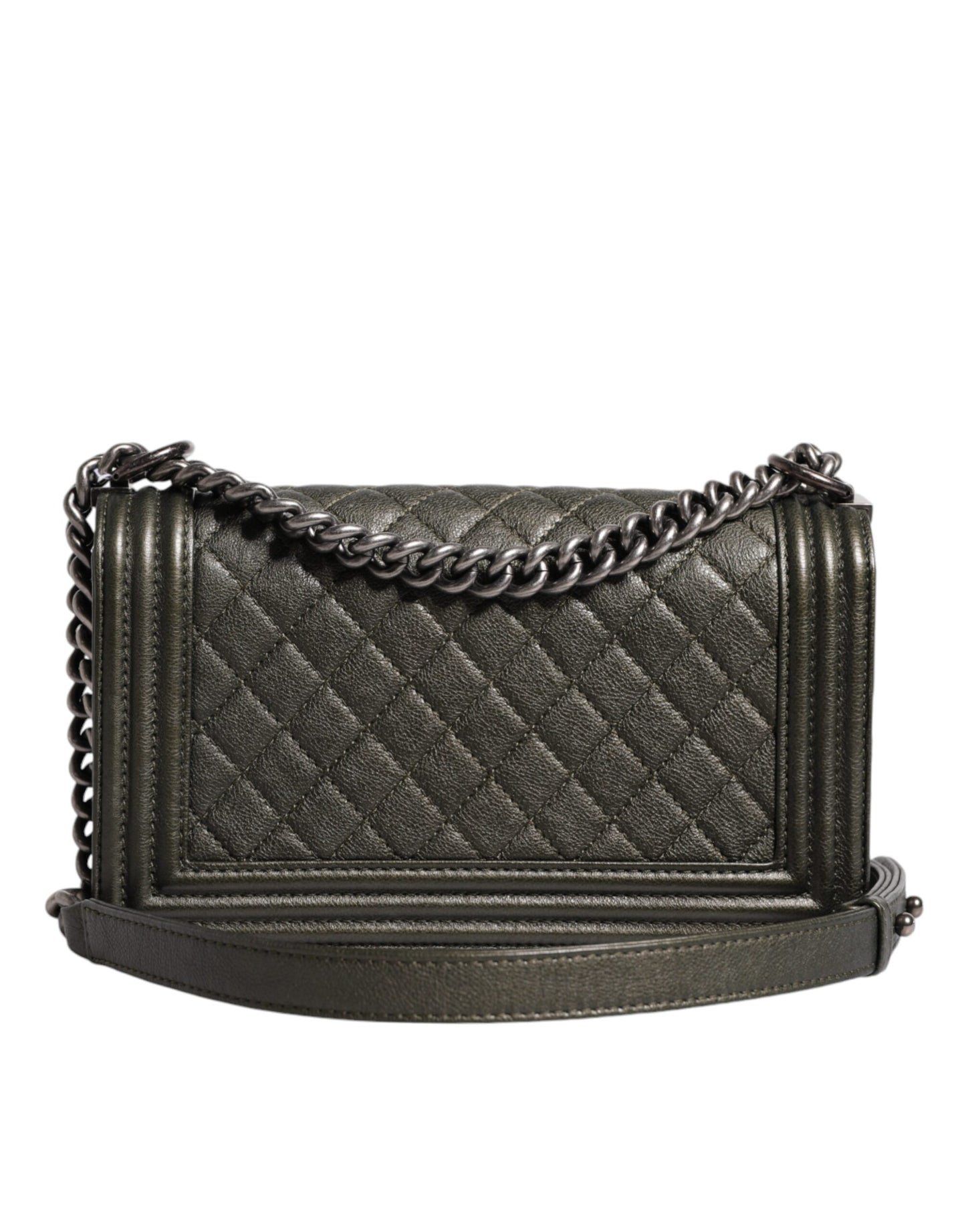 Sac à bandoulière en cuir vert foncé et sac à main en métal gris