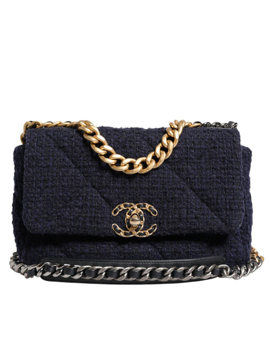 Sac à bandoulière bleu foncé à rabat moyen en tweed CC avec chaîne grise et or