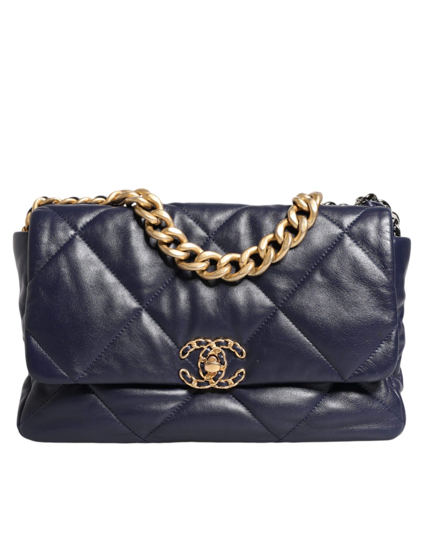 Grand sac à bandoulière en cuir bleu matelassé avec chaîne
