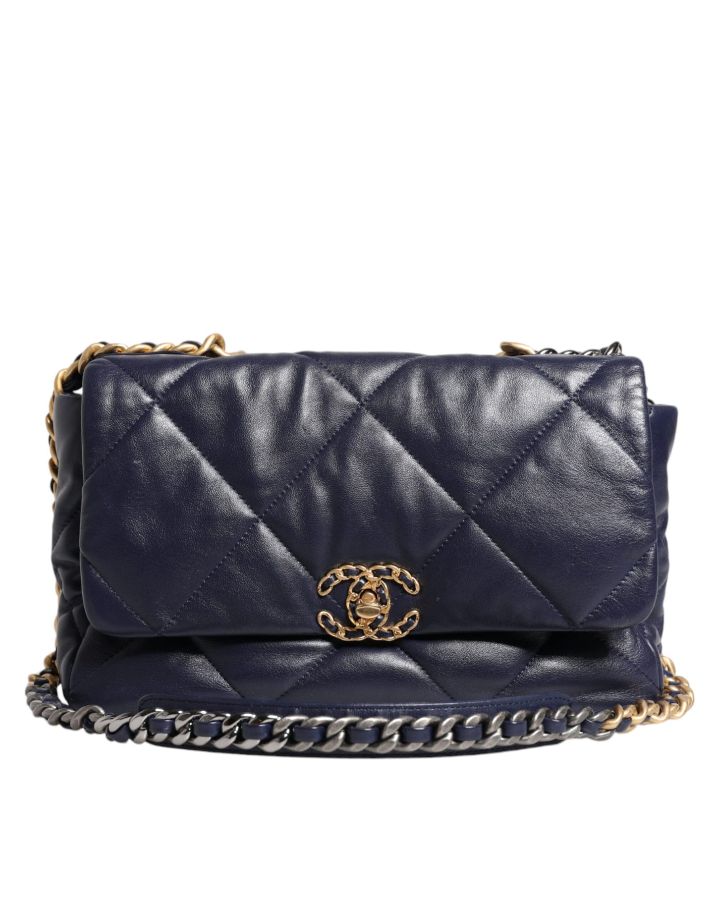 Grand sac à bandoulière en cuir bleu matelassé avec chaîne